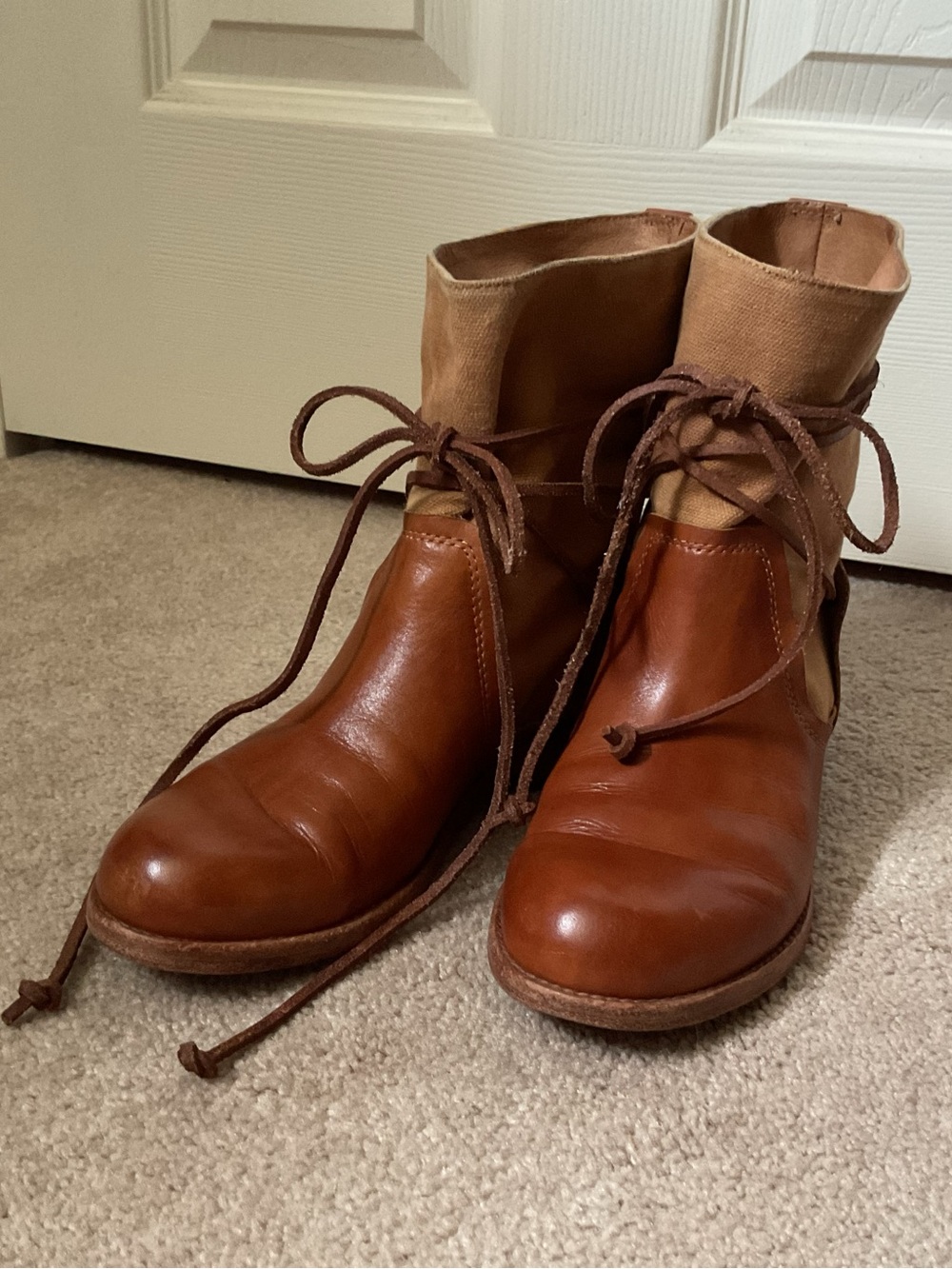 Patricia Nash Brown Leather and Tan Canvas Lace-Up Ankle Boots